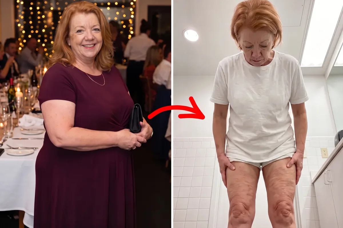 Before and after photos: a heavier woman in a purple dress at a party, and the same woman after weight loss in a white t-shirt with loose crepey skin on her thighs