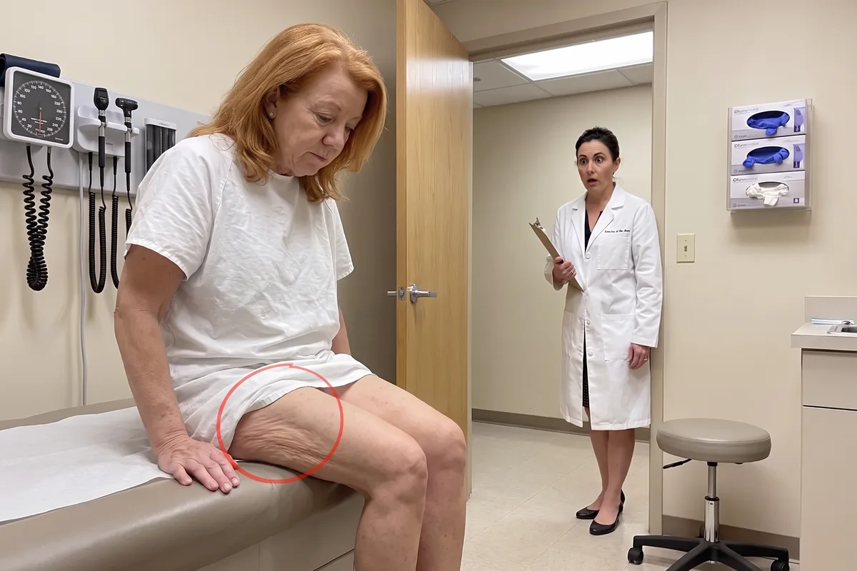 Woman sitting on an exam table in a doctor's office, looking down at her thigh, with a doctor in a white coat standing in the doorway