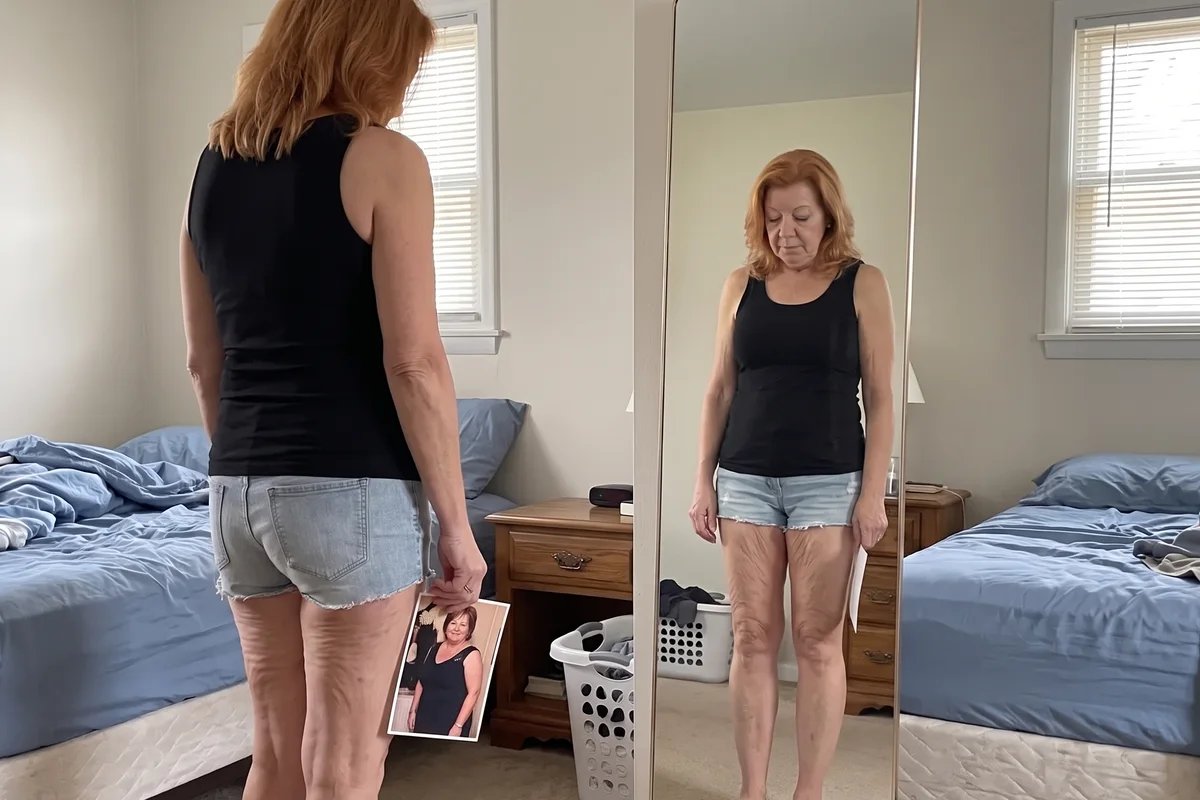 Woman in denim shorts standing in front of a full-length bedroom mirror, holding an old photo of herself and looking at the loose skin on her thighs