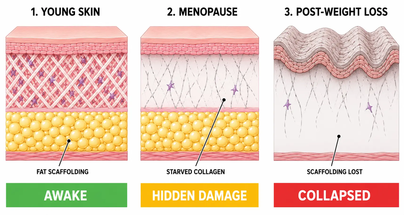 Illustration of three skin cross-sections: young skin with fat scaffolding, menopause skin with starved collagen, and post-weight-loss skin collapsed