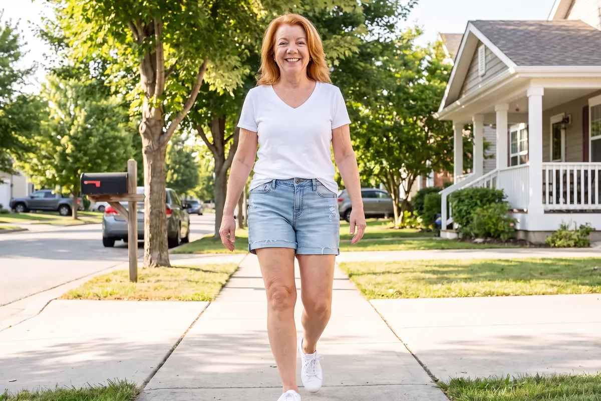 Smiling woman in a white t-shirt and denim shorts walking down a suburban sidewalk past a mailbox