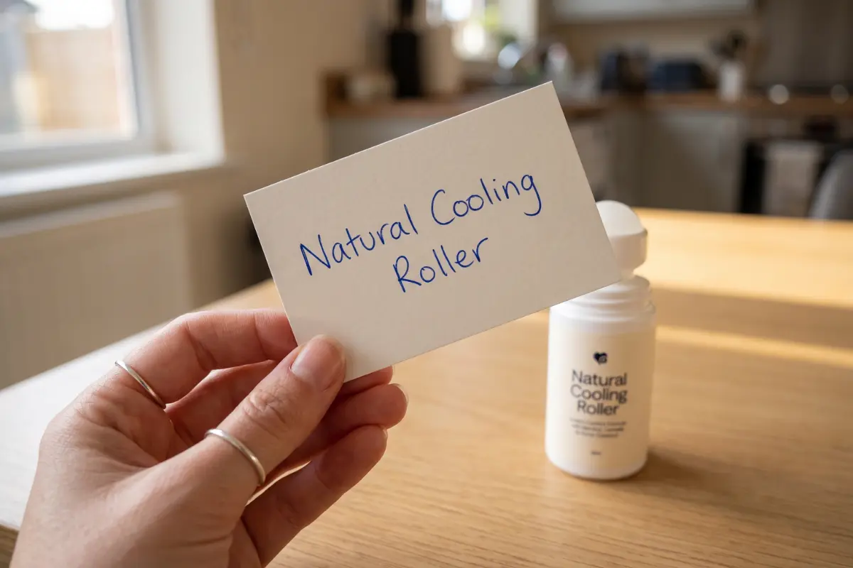 Hand holding a handwritten card that reads Natural Cooling Roller, with the white roller bottle on a kitchen table behind it