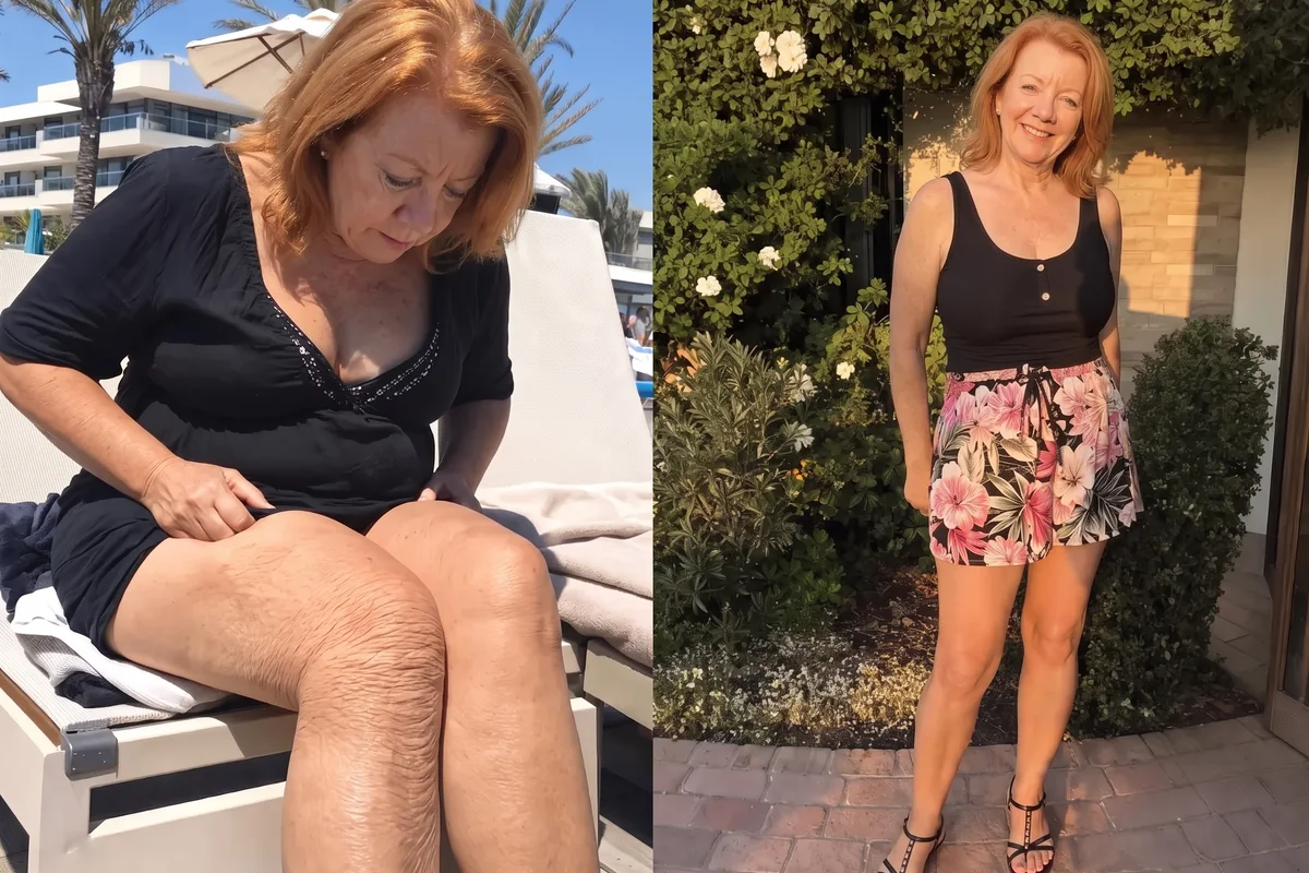 Side-by-side photos of a woman on a sun lounger looking at the loose skin on her thigh, and the same woman standing in a floral skirt by a pool