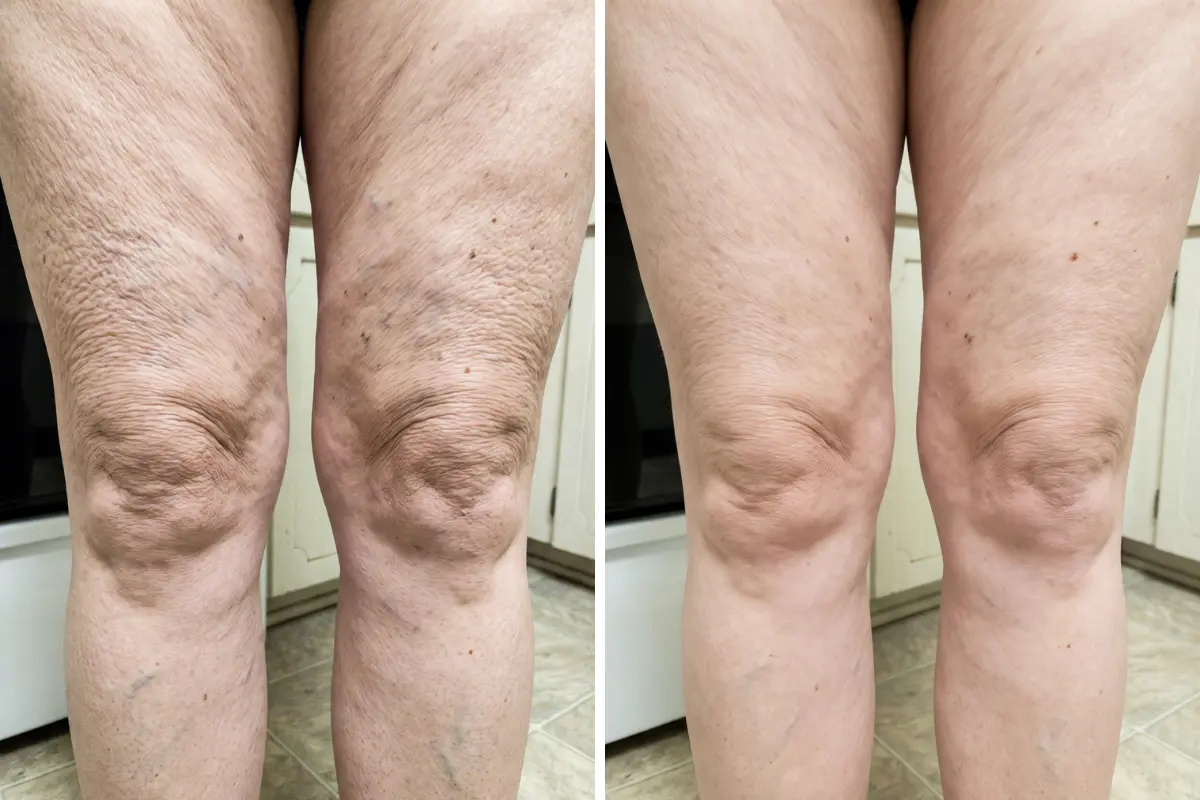 Before and after photo of a woman's knees and thighs: crepey folds and veins on the left, smoother skin on the right