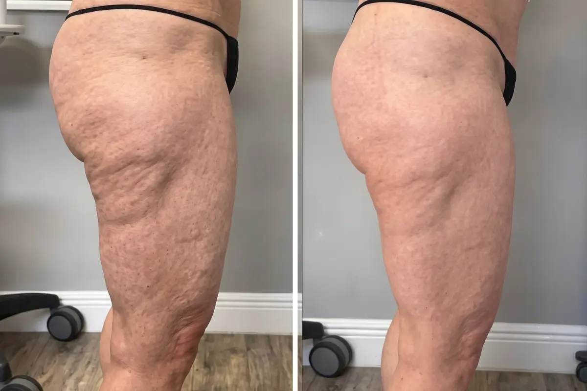 Before and after side view of a woman's outer thigh, dimpled loose skin on the left and smoother skin on the right