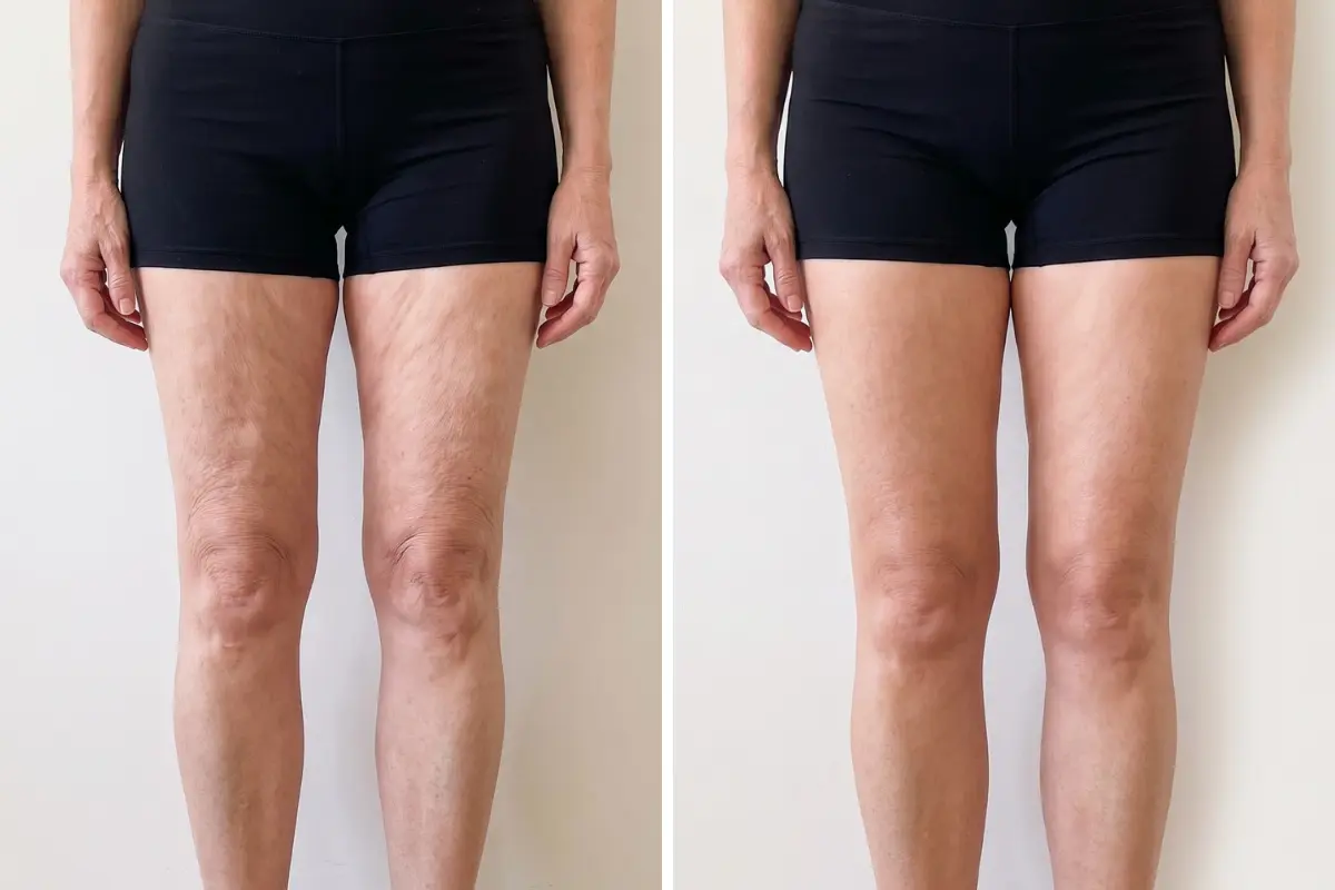 Before and after front view of a woman's thighs in black shorts, crepey inner thighs on the left and smoother skin on the right