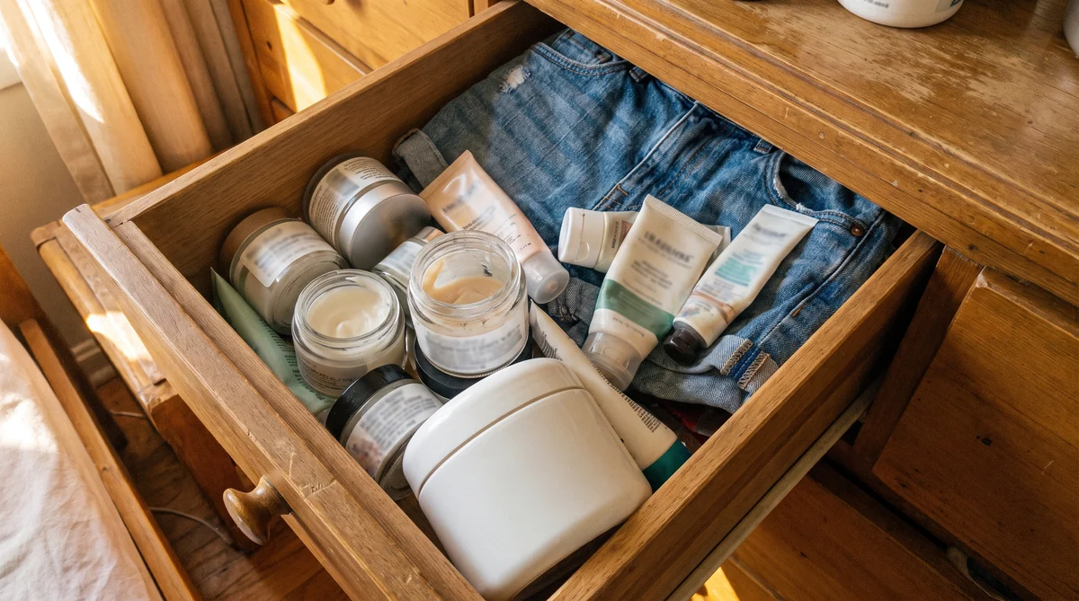 Open bedroom drawer crammed with half-used firming cream jars and tubes, a pair of folded denim shorts pushed to the back