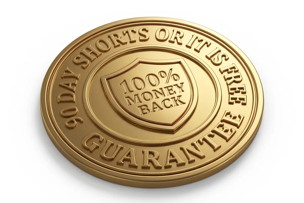 Gold medallion reading 90 Day Shorts or It Is Free Guarantee, with a shield in the center reading 100% Money Back