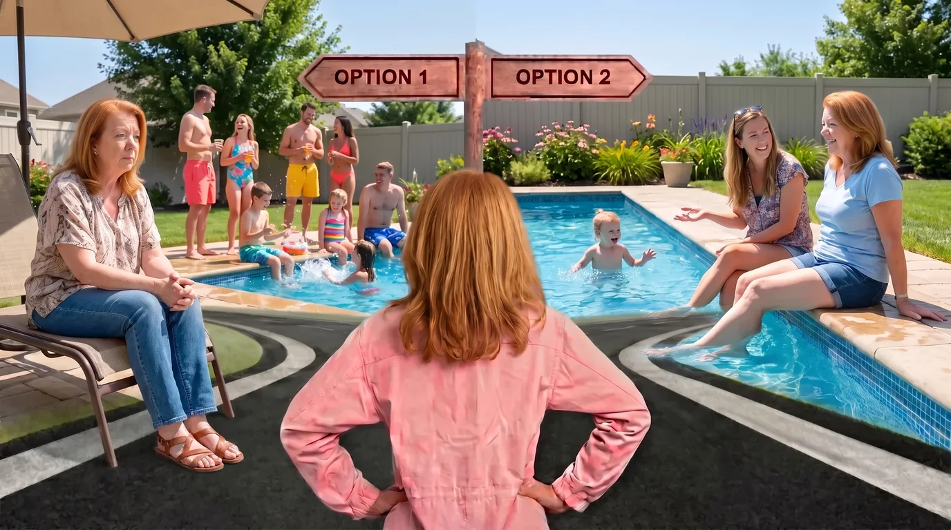 A woman at a signpost marked Option 1 and Option 2: on one side she sits apart from the family pool party in jeans, on the other she sits at the pool edge in shorts with her daughter beside her