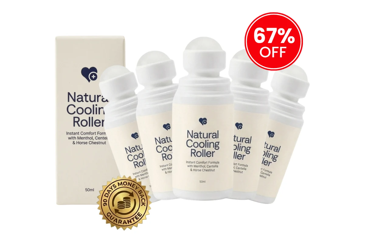 The five-roller pack of Natural Cooling Roller with its box, 67% off badge and 90-day money-back guarantee seal